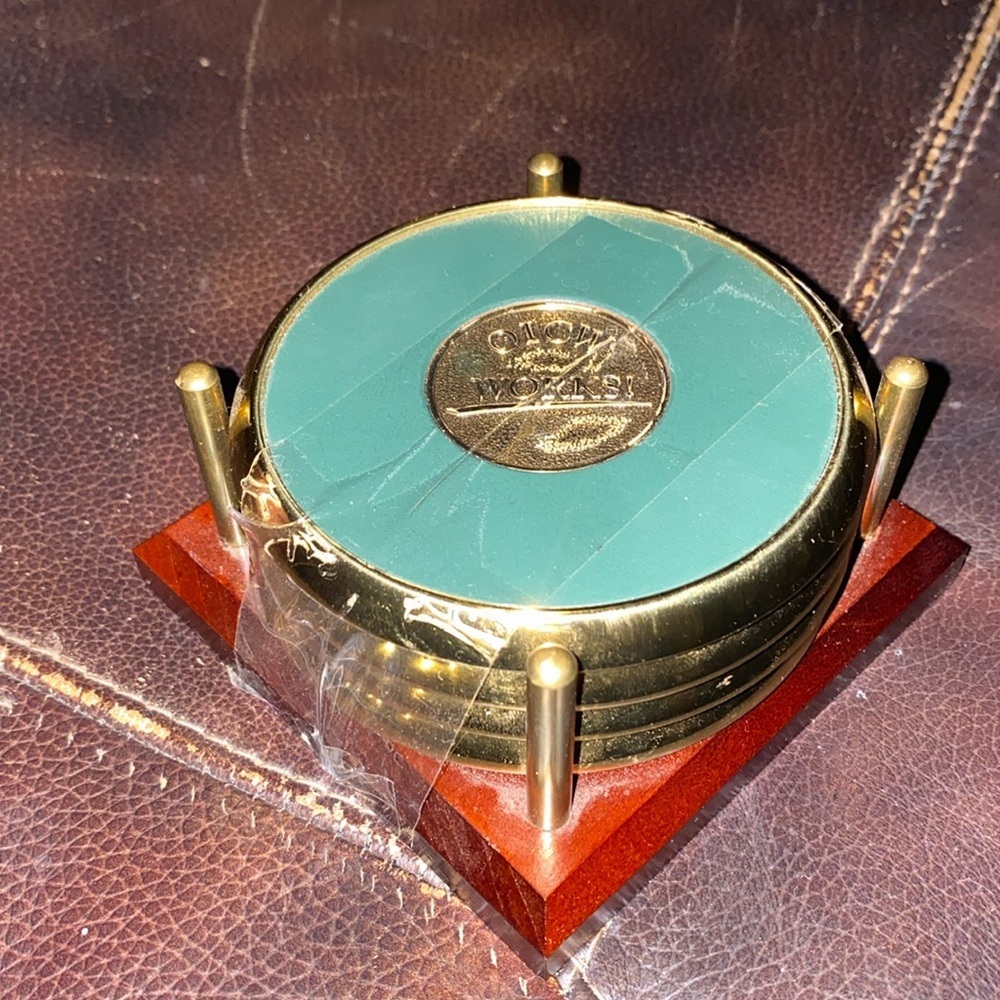 Set of 4 OICW WORKS Coasters brass and leather  BTS Group Collection made in USA